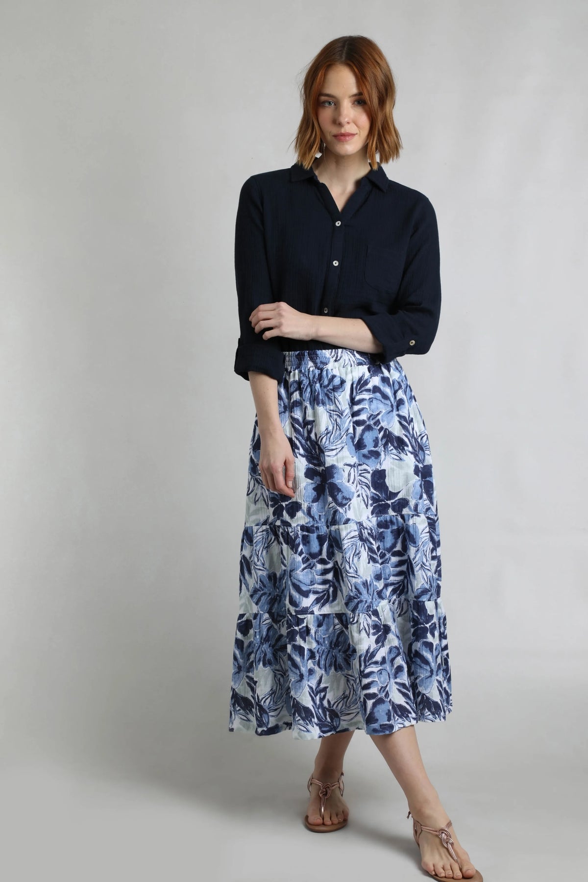 Weird Fish Womens Harini Doublecloth Midi Tiered Skirt - Estate Blue