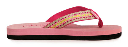 Weird Fish women's fabric strap Adila flip flops with a multicoloured braided pattern fabric strap and Pale Pink logo embossed footbed.