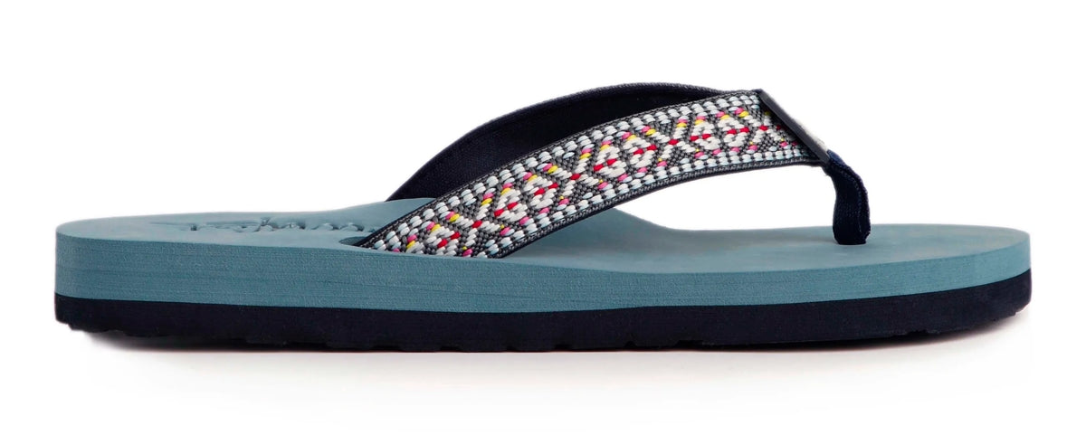 Weird Fish women's fabric strap Adila flip flops with a Navy braided pattern fabric strap and Blue logo embossed footbed.