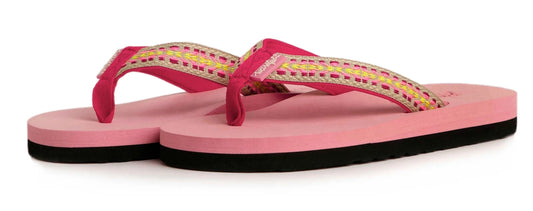 Women's Adila flip flops from Weird Fish with a multicoloured cotton canvas strap and Pale Pink footbed.