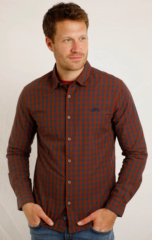 Weird Fish Mens Lando Long Sleeve Check Shirt - Burnt Henna