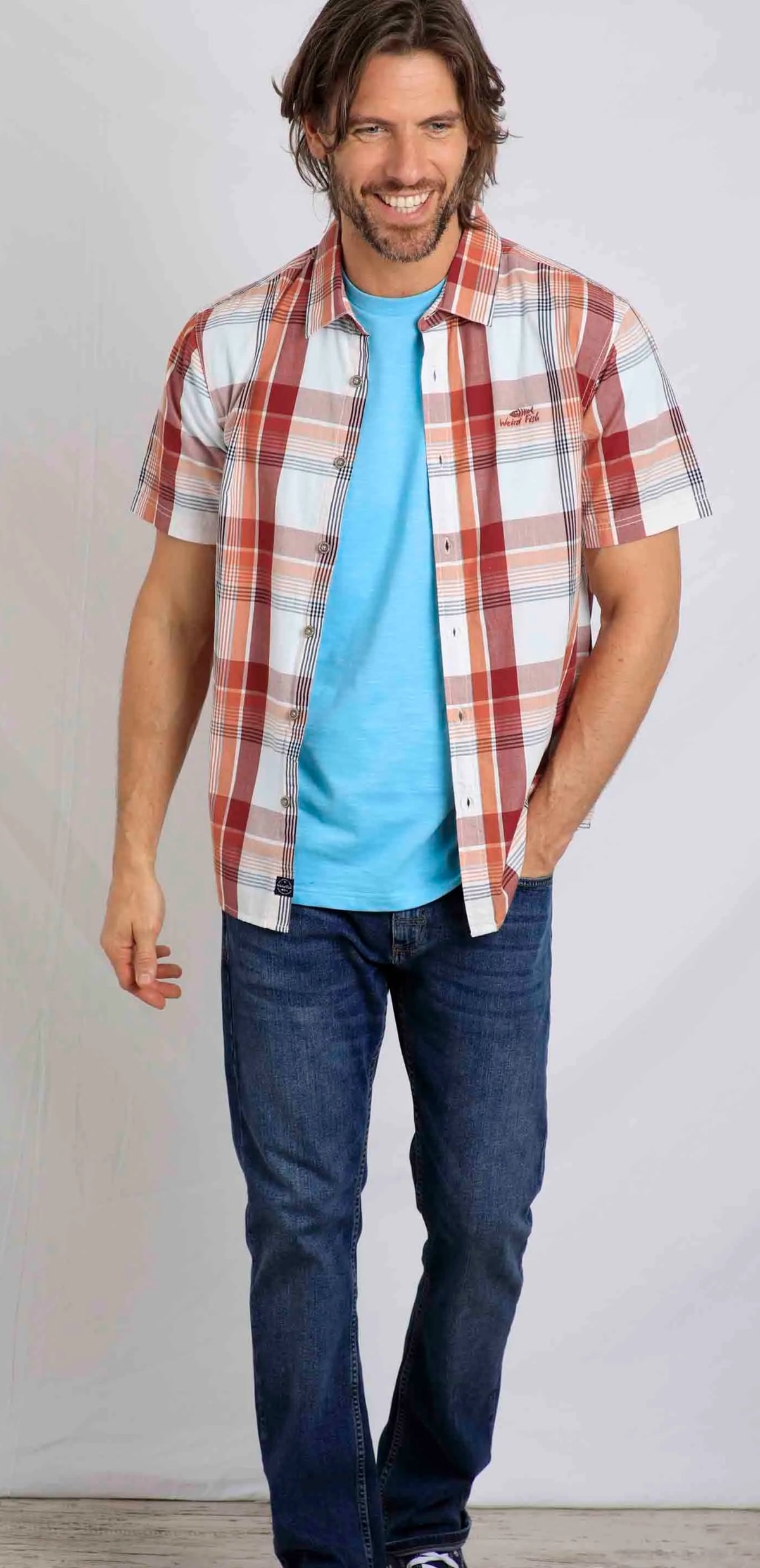 Men's short sleeve Judd check shirt from Weird Fish with button down front in Chilli Red.