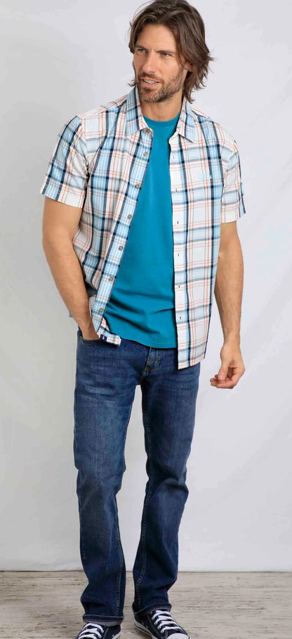 Men's short sleeve Judd check shirt from Weird Fish with button down front in Ecru.