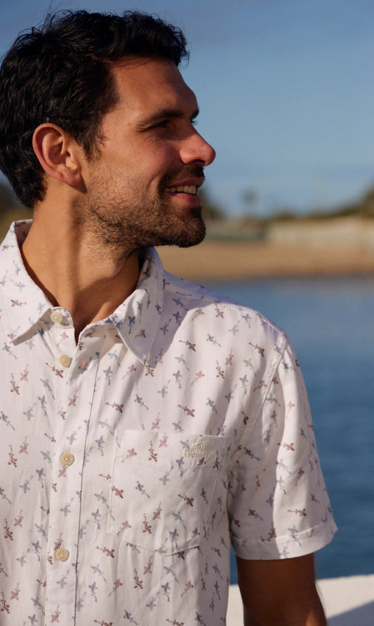Keilor men's short sleeve shirt from Weird Fish in white with a fish print.