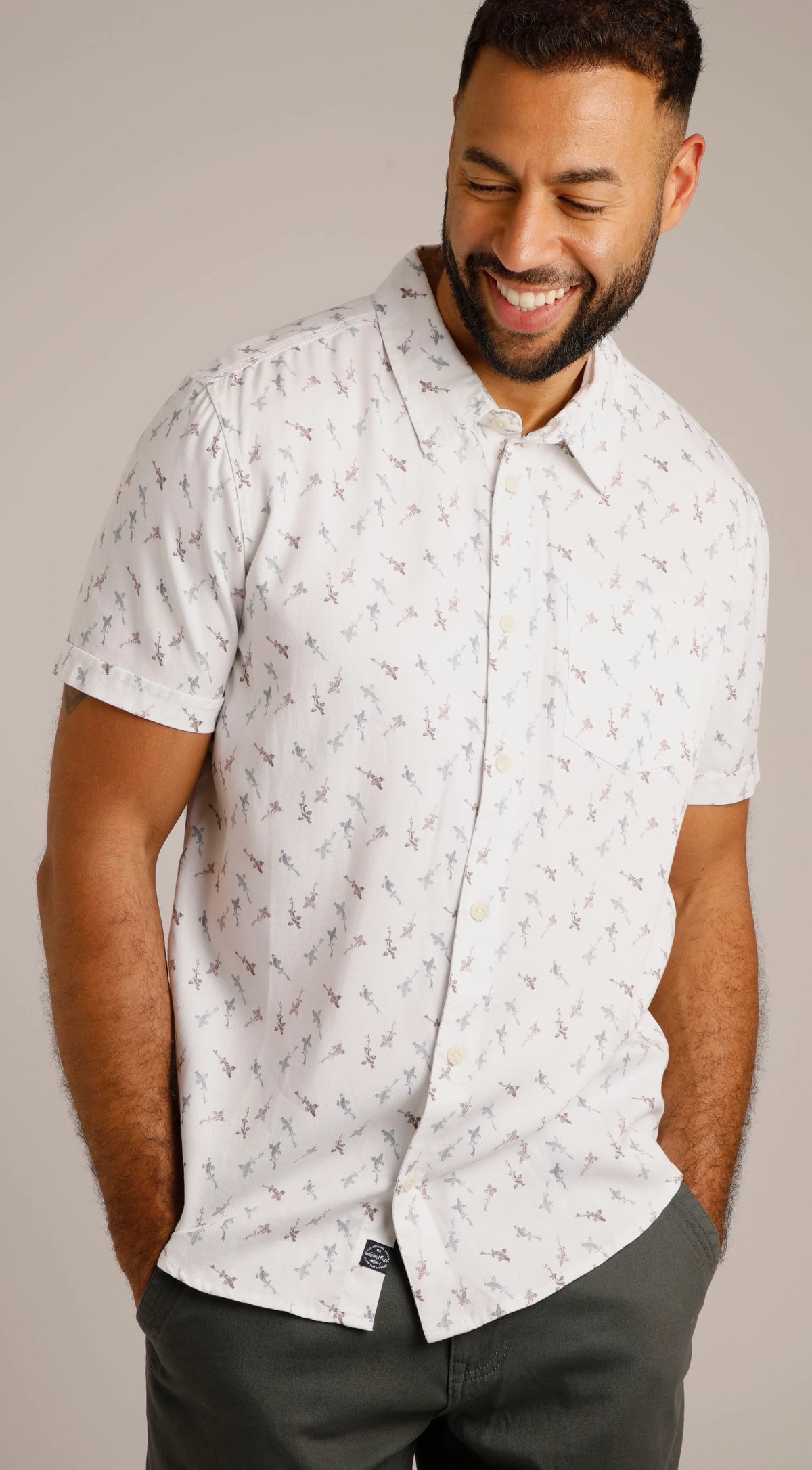 Keilor men's short sleeve shirt from Weird Fish in white with a fish pattern.