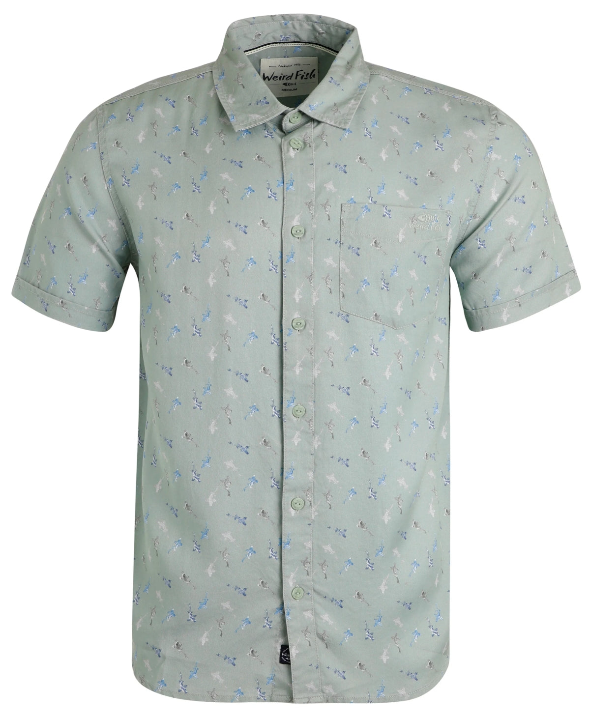 Men's Keilor fish print short sleeve shirt from Weird Fish in pistachio green.