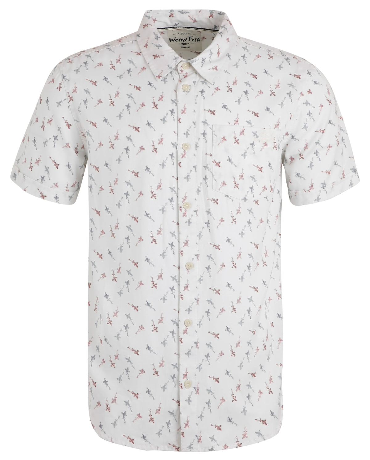 Weird Fish men's Keilor short sleeve Tencel shirt in white with a fish pattern.