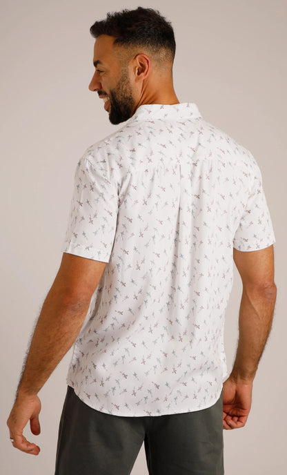 A men's Keilor short sleeve fish print shirt from Weird Fish in white.