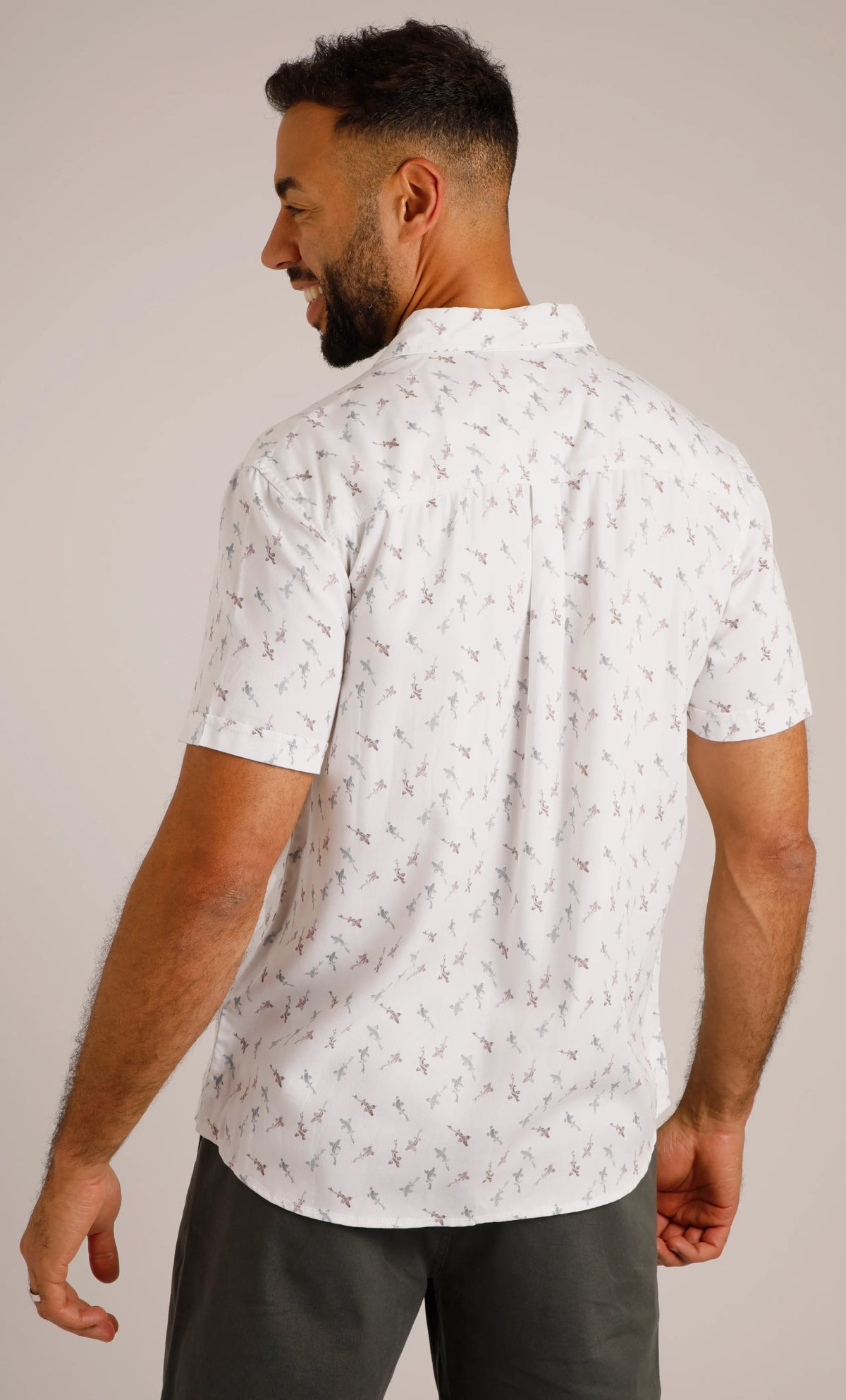 A men's Keilor short sleeve fish print shirt from Weird Fish in white.