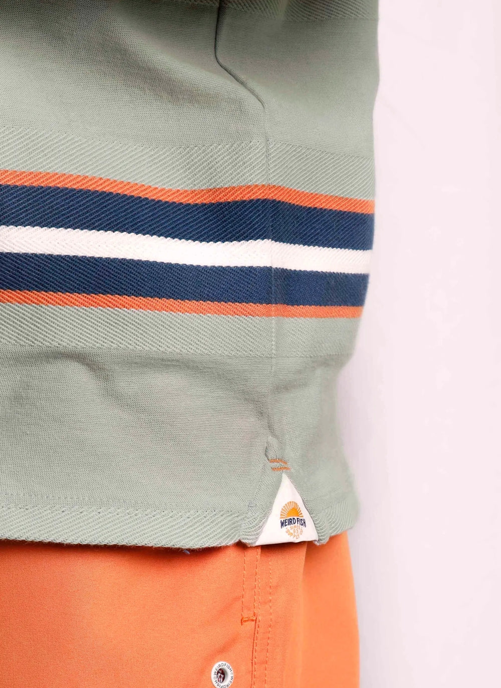 Men's Littleton Weird Fish stripe t-shirt in Pistachio with tape logo side seam detail.