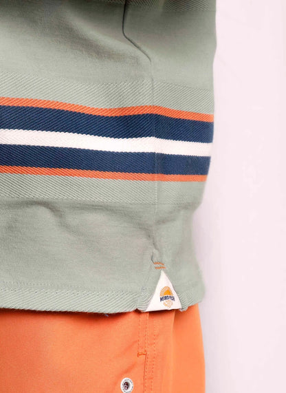 Men's Littleton Weird Fish stripe t-shirt in Pistachio with tape logo side seam detail.
