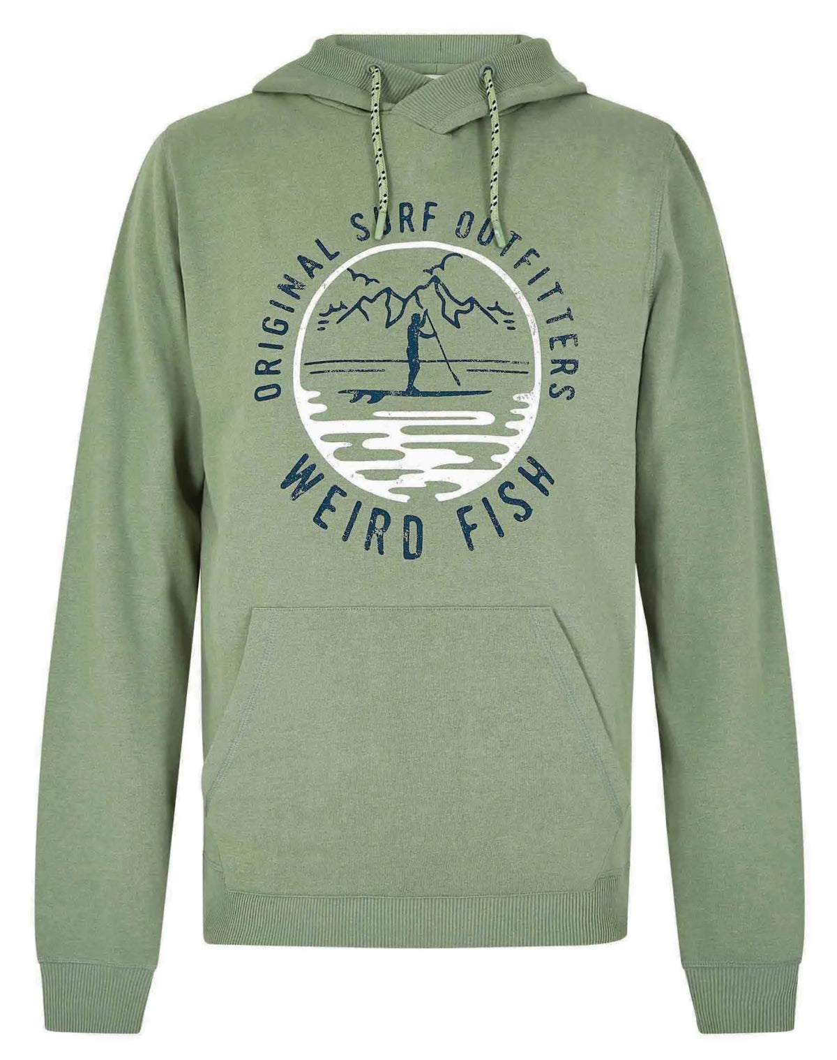 Weird Fish men's Pistachio Green pop over Bryant hoody with paddleboarder logo print.