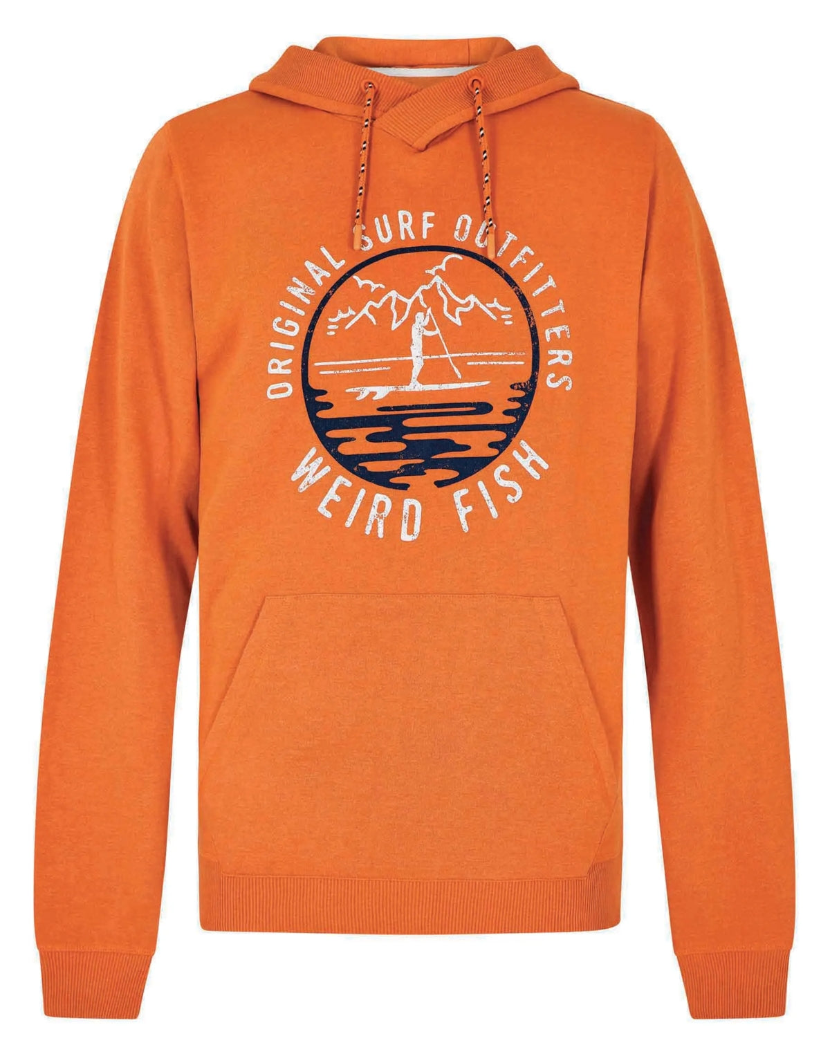 Weird Fish men's Burnt Orange pop over Brick Orange hoody with paddleboarder logo print.