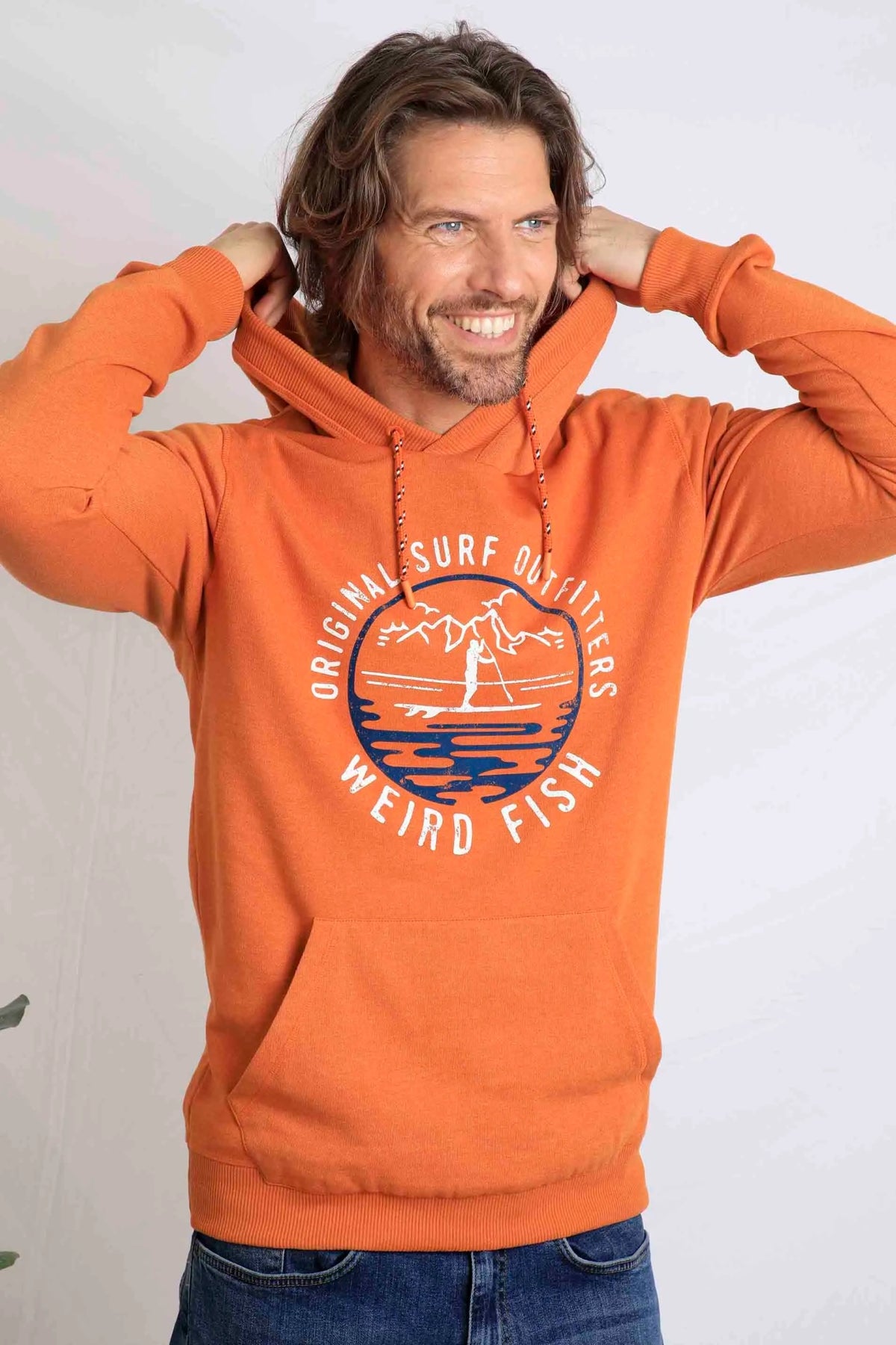 Weird Fish men's Bryant paddleboarder printed pop over hoodie in Brick Orange.