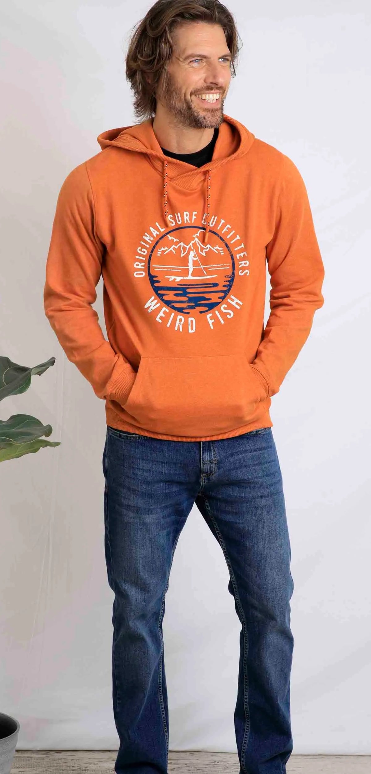 Brick Orange men's Bryant pop over hoody from Weird Fish with paddleboarder printed logo.