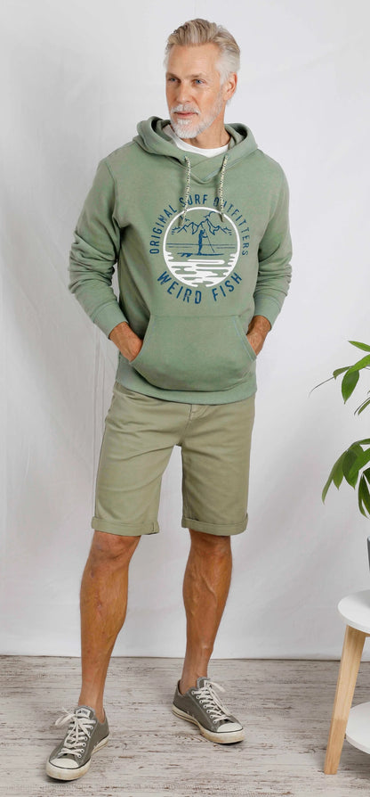 Pistachio Green men's Bryant pop over hoody from Weird Fish with paddleboarder printed logo.