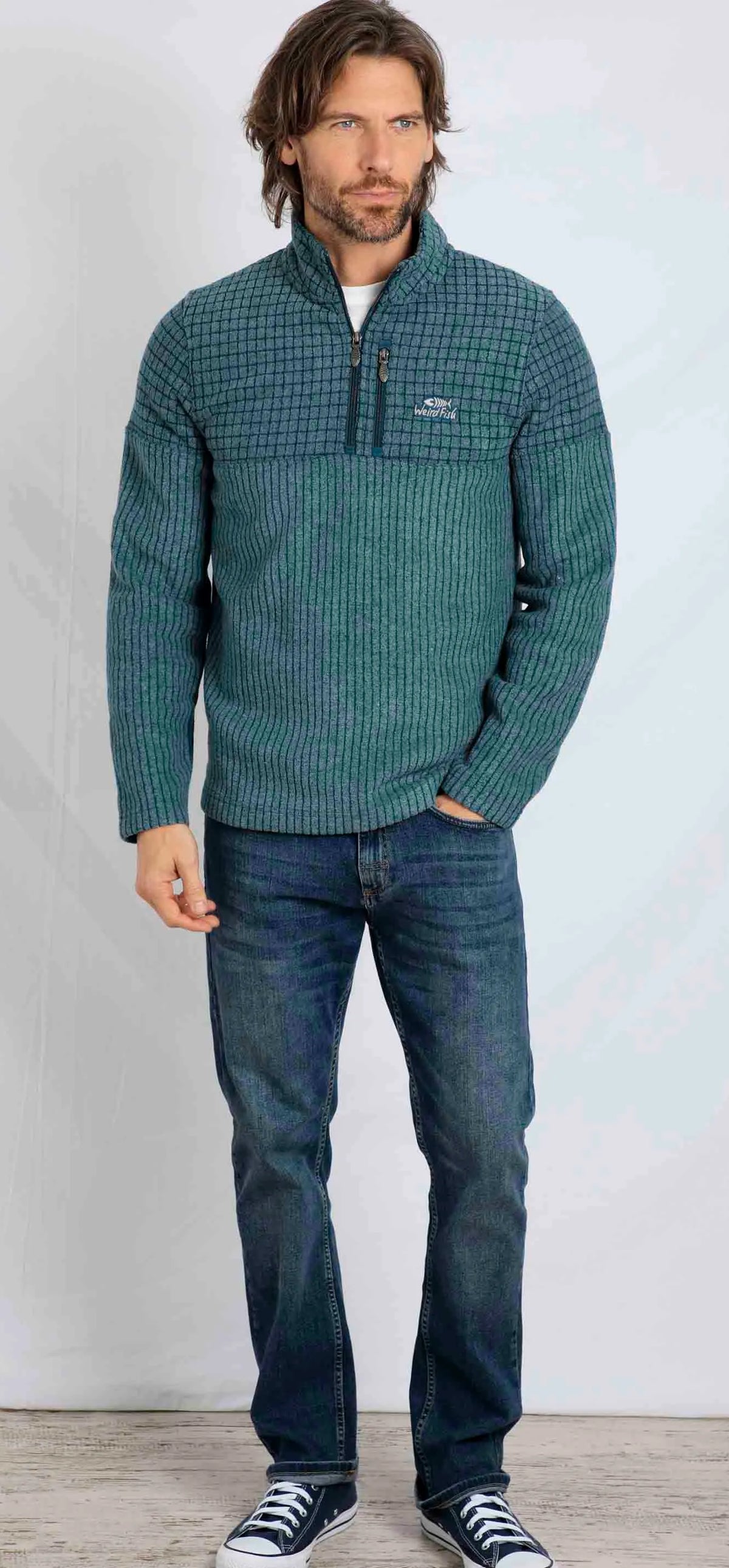 Men's Weird Fish Longmont stripe grid fleece in Deep Sea Blue with 1/4 zip neckline.