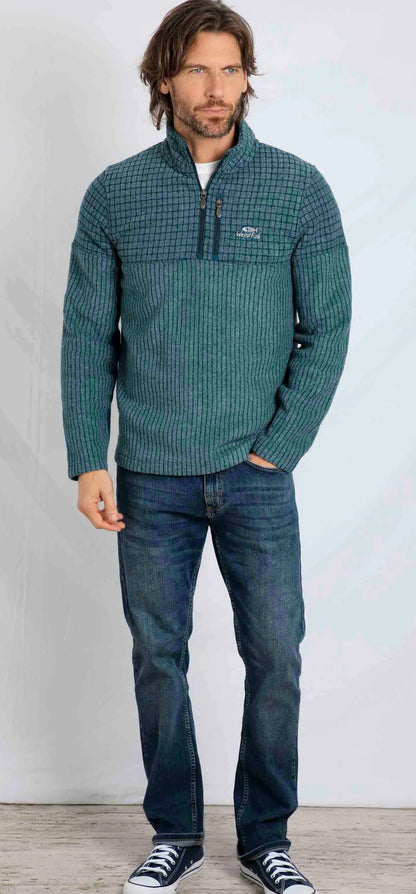Men's Weird Fish Longmont stripe grid fleece in Deep Sea Blue with 1/4 zip neckline.