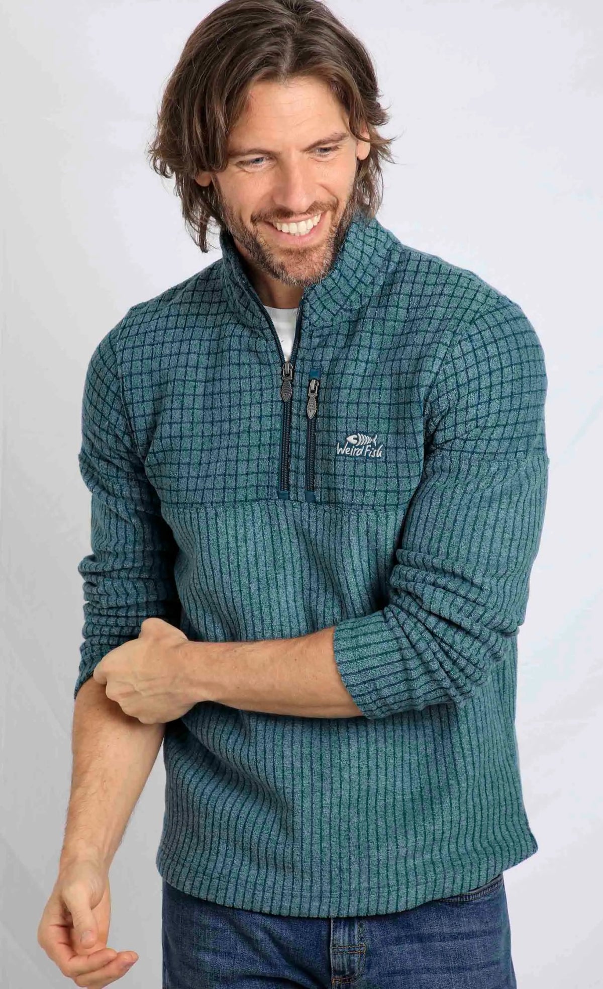 Men's Longmont Deep Sea Blue stripe grid fleece from Weird Fish.