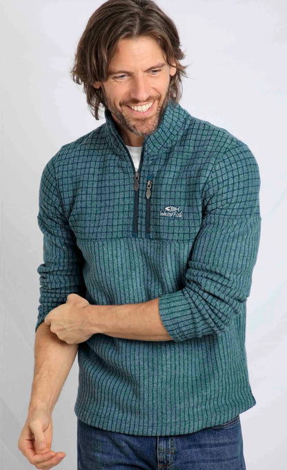 Men's Longmont Deep Sea Blue stripe grid fleece from Weird Fish.