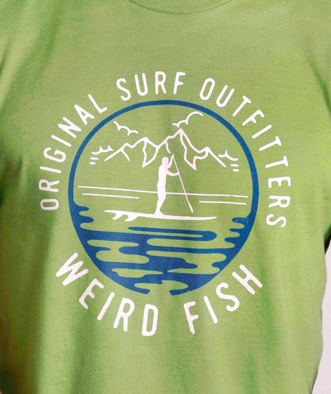 Men's Weird Fish short sleeve Paddle print shirt from Weird Fish with paddleboarder printed chest logo in Kiwi Green.
