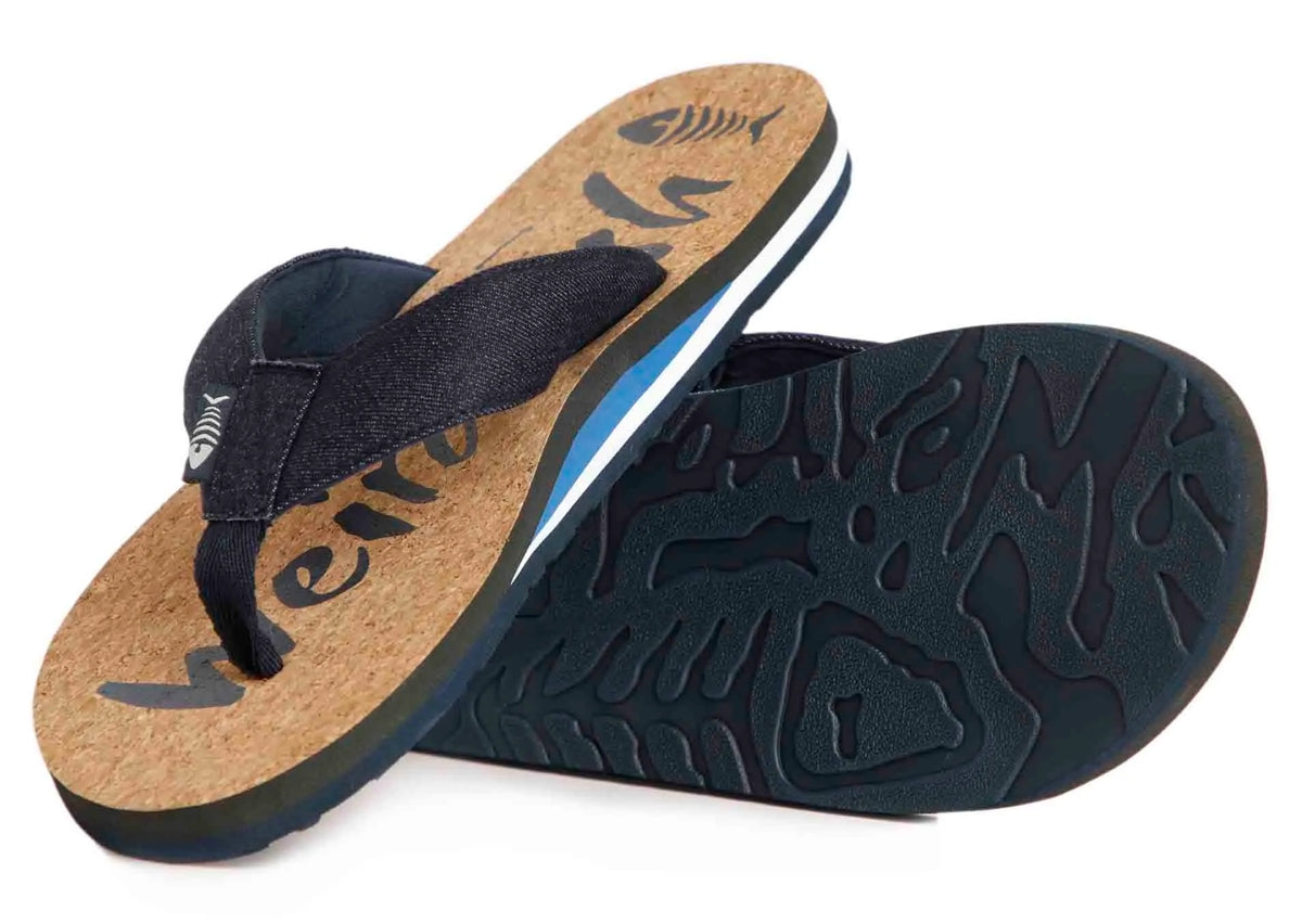 Weird Fish men's cork effect Corkham flip flops with logo printed footbed and denim strap.