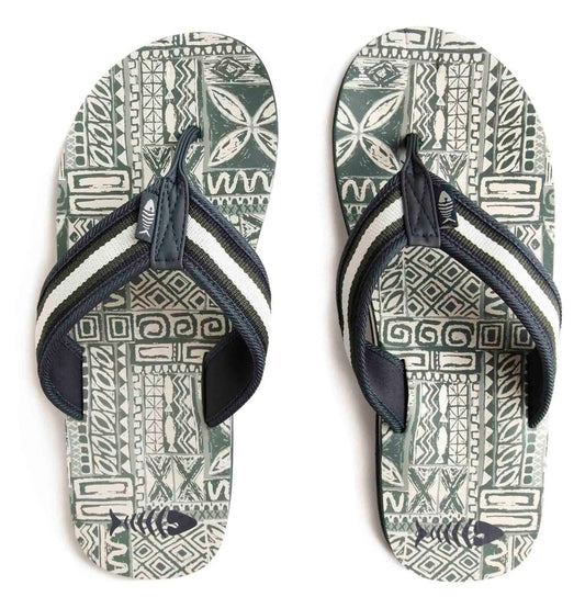 Men's Derwent Dusky Green flip flops from Weird Fish with tile print soles.