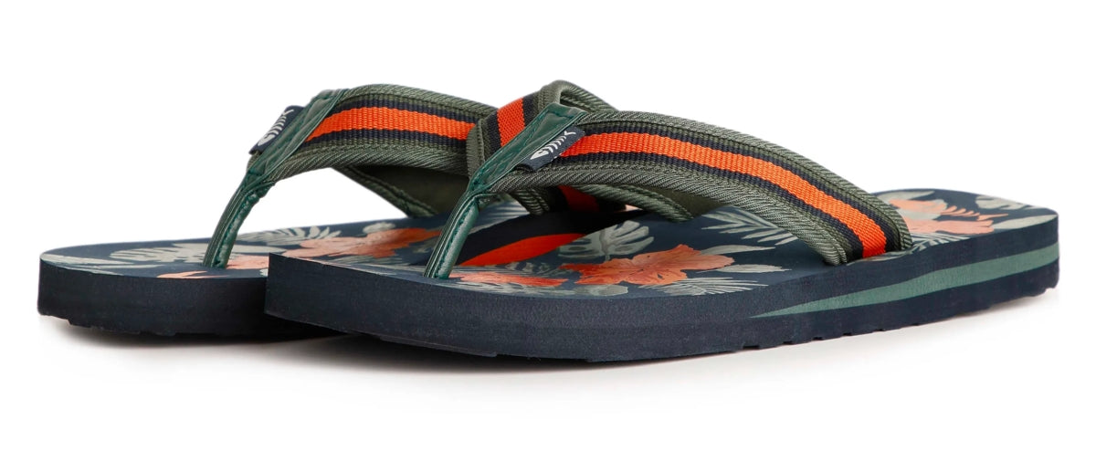 Men's Weird Fish Derwent flip flops in Navy with stripe canvas strap and tropical floral print footbed.