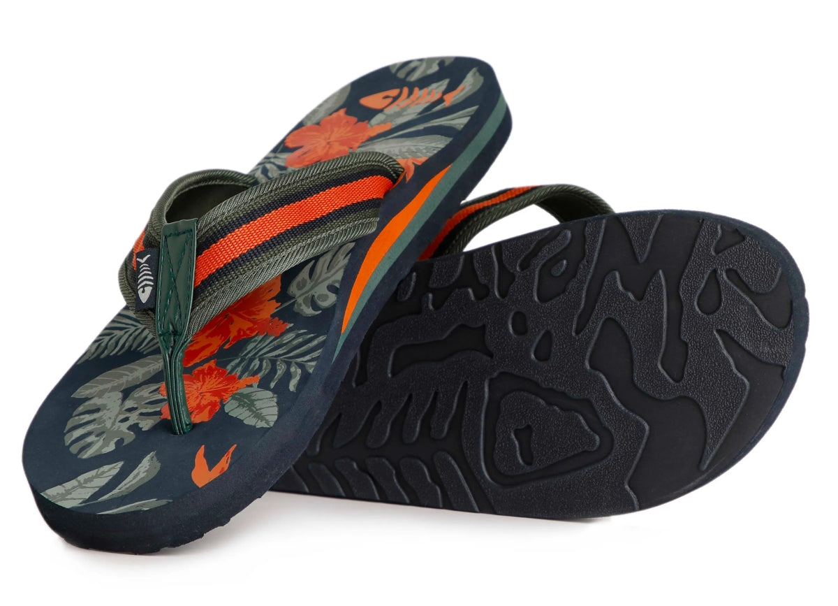 Men's Derwent Navy flip flops from Weird Fish with tropical floral printed soles.