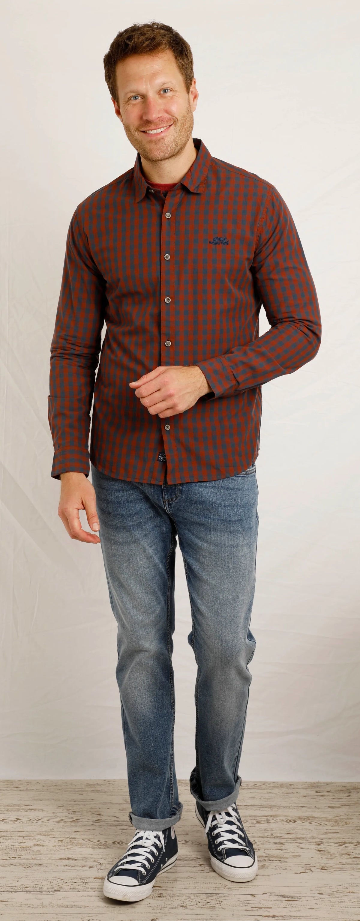 Weird Fish Mens Lando Long Sleeve Check Shirt - Burnt Henna