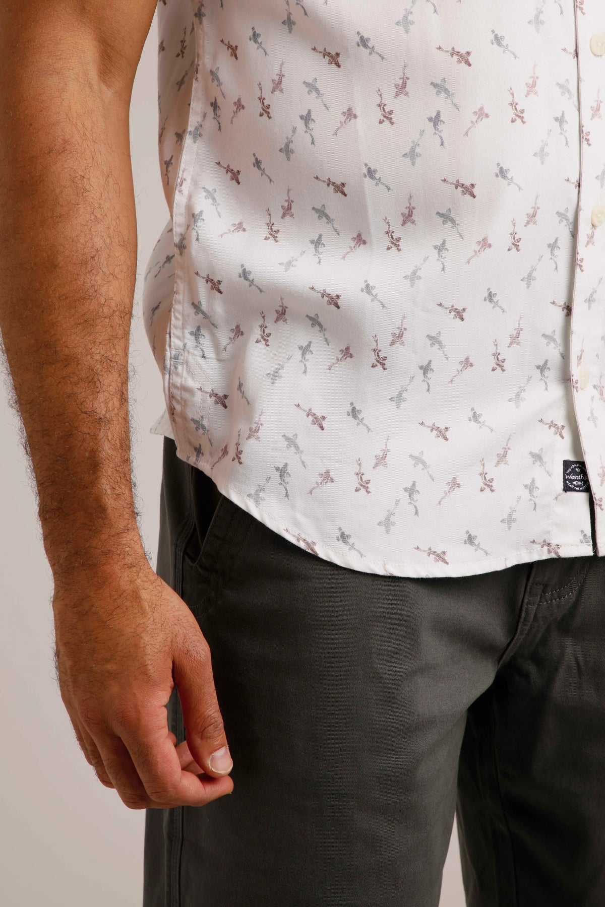 White Keilor men's shirt from Weird Fish in white with a fish print pattern.
