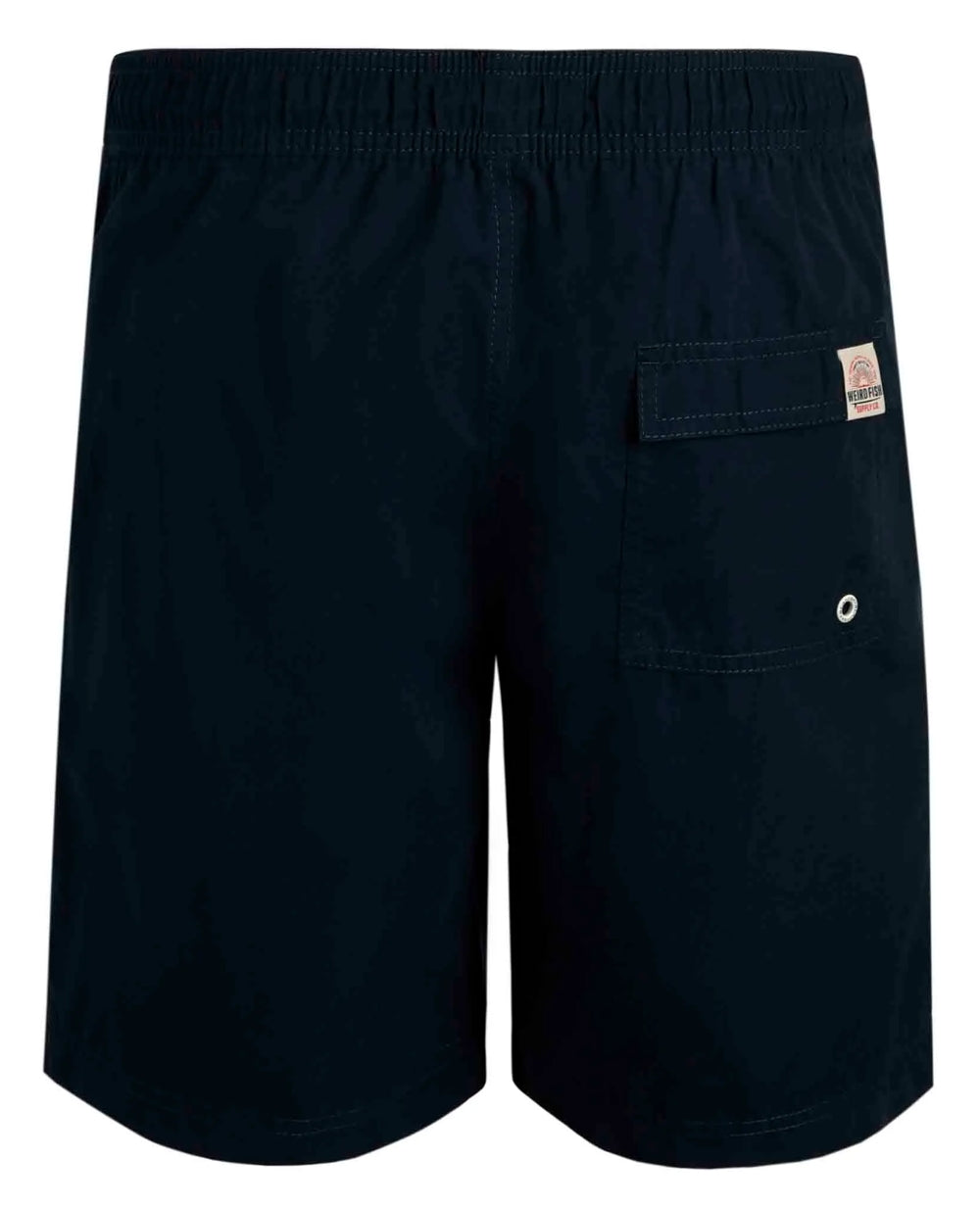Men's Weird Fish Banning swimshorts from Weird Fish with elasticated waist and back pocket in plain Navy.