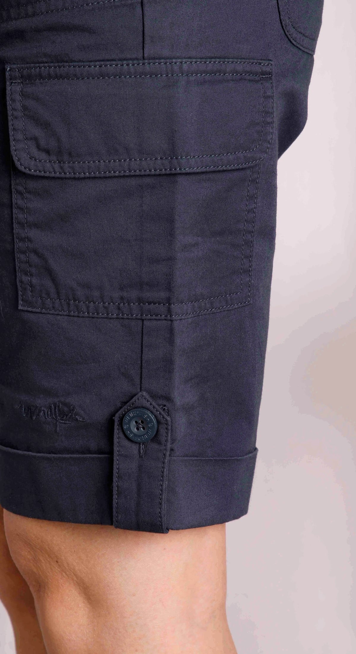 Women's navy Rhae cargo shorts from Weird Fish with turn up cuffs.