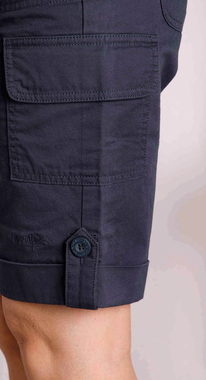 Women's navy Rhae cargo shorts from Weird Fish with turn up cuffs.