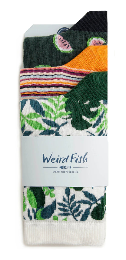 Weird Fish women's Parade three pack of socks with watermelon, stripe and jungle / bird patterns.