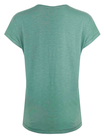 Plain back view of a women's Weird Fish 'Walkies' dog print t-shirt in jade green.