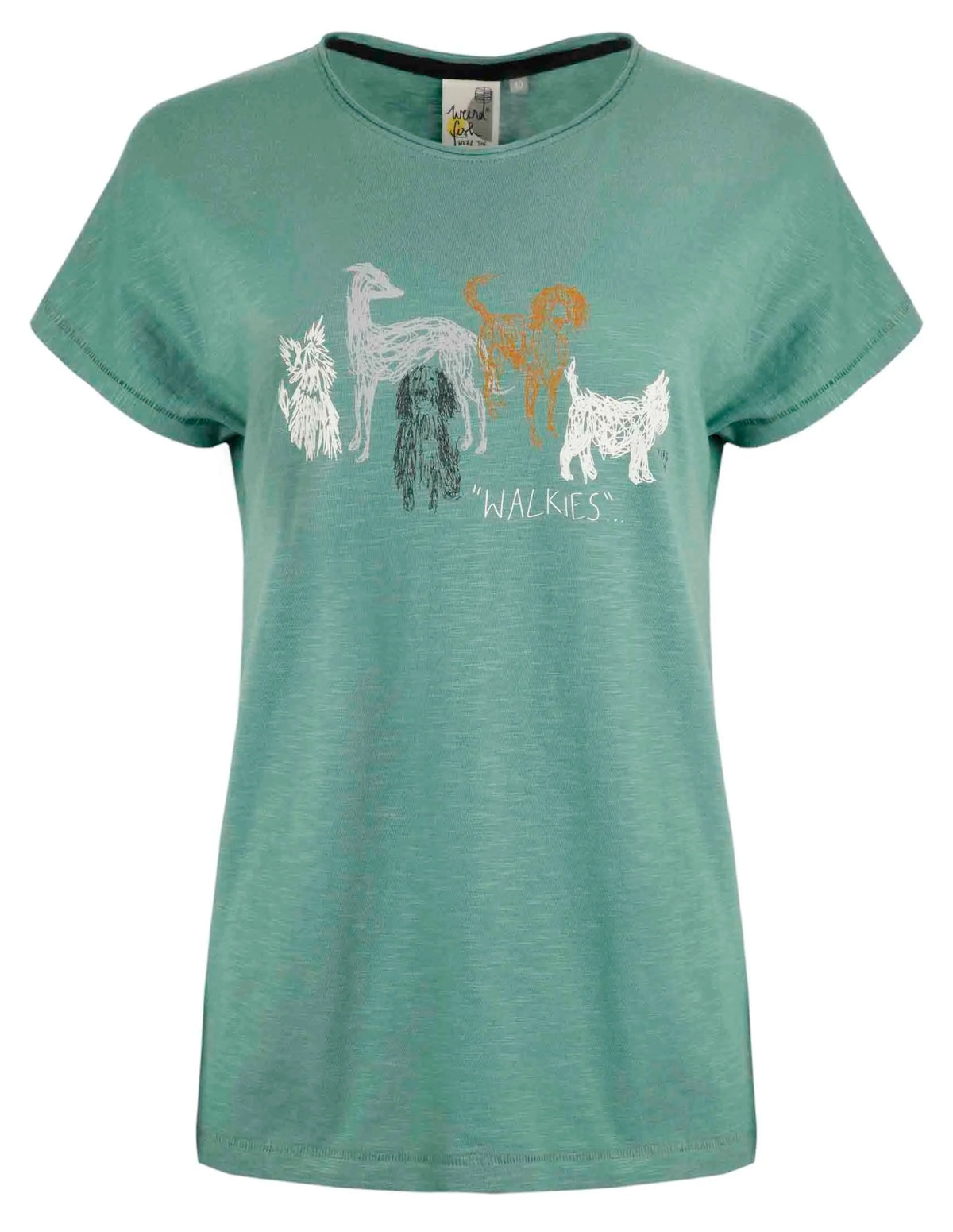A Weird Fish women's Walkies short sleeve t-shirt featuring a sketch style dog print on the front, in an organic cotton slub fabric in dark jade green.
