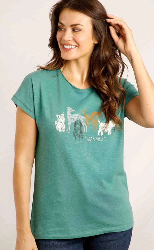 Weird Fish women's Walkies short sleeve t-shirt featuring a sketch style dog print on the front, in an organic cotton slub fabric.