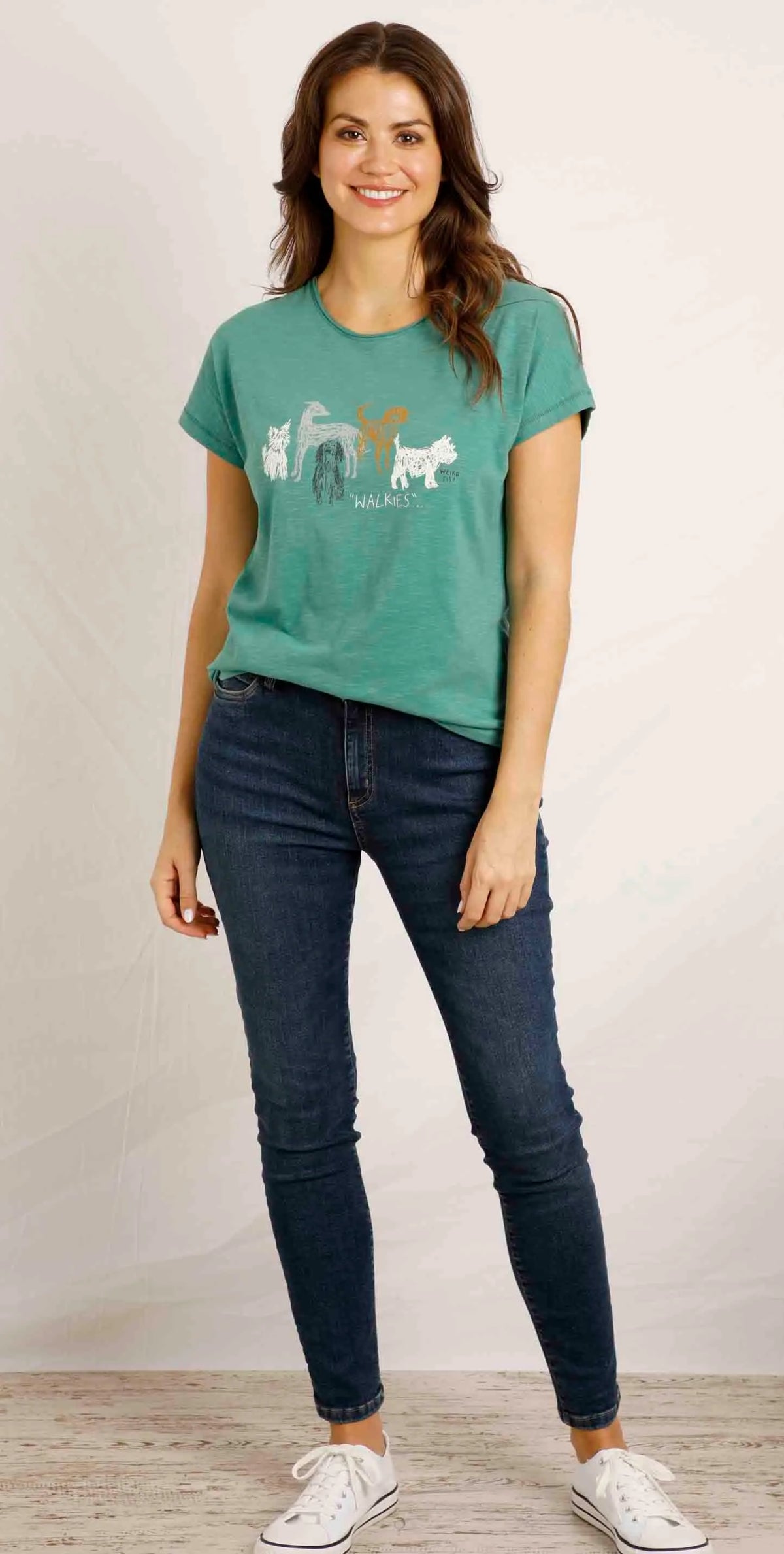 A short sleeve women's t-shirt from Weird Fish, made from a soft 100% cotton fabric, with their 'Walkies' sketch style dog print on the front.