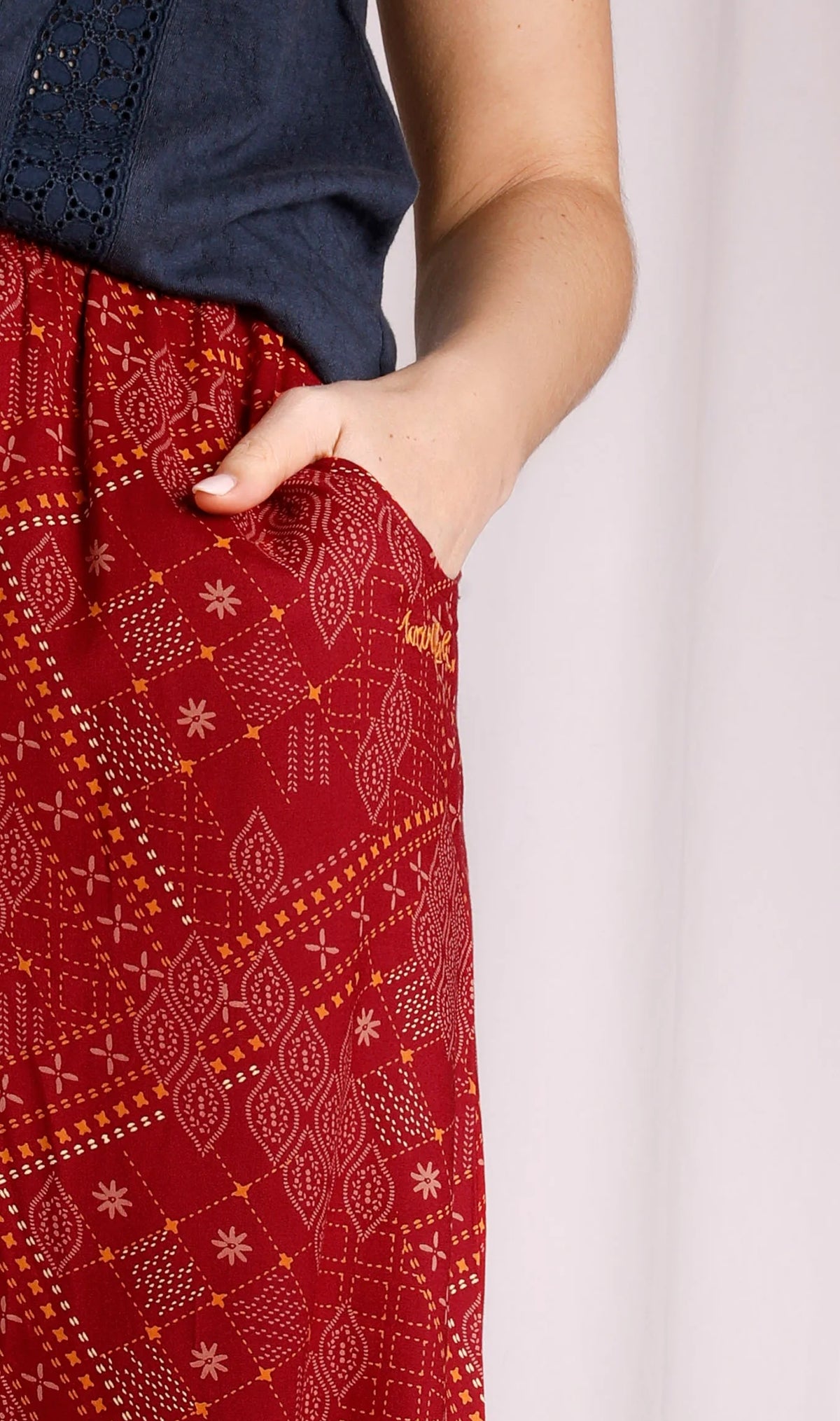 Women's Chilli Red Gia midi length skirt from Weird Fish with a Summery Moroccan style pattern.