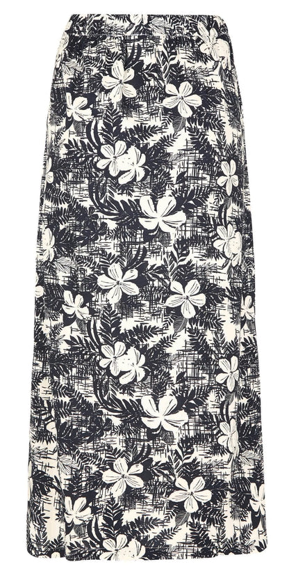 Dark Denim and white women's Gia midi length skirt from Weird Fish with a floral print.