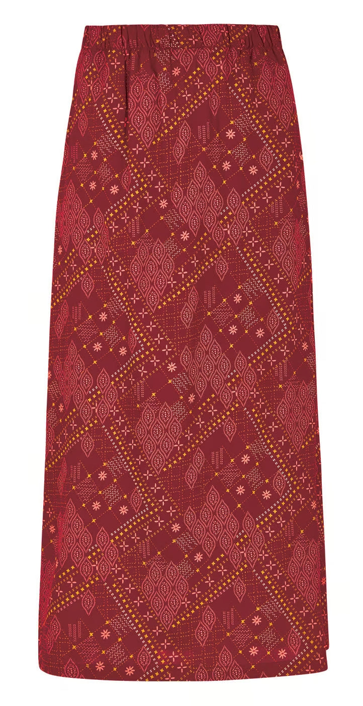 Chilli Red women's Gia midi length skirt from Weird Fish with a Moroccan style print.