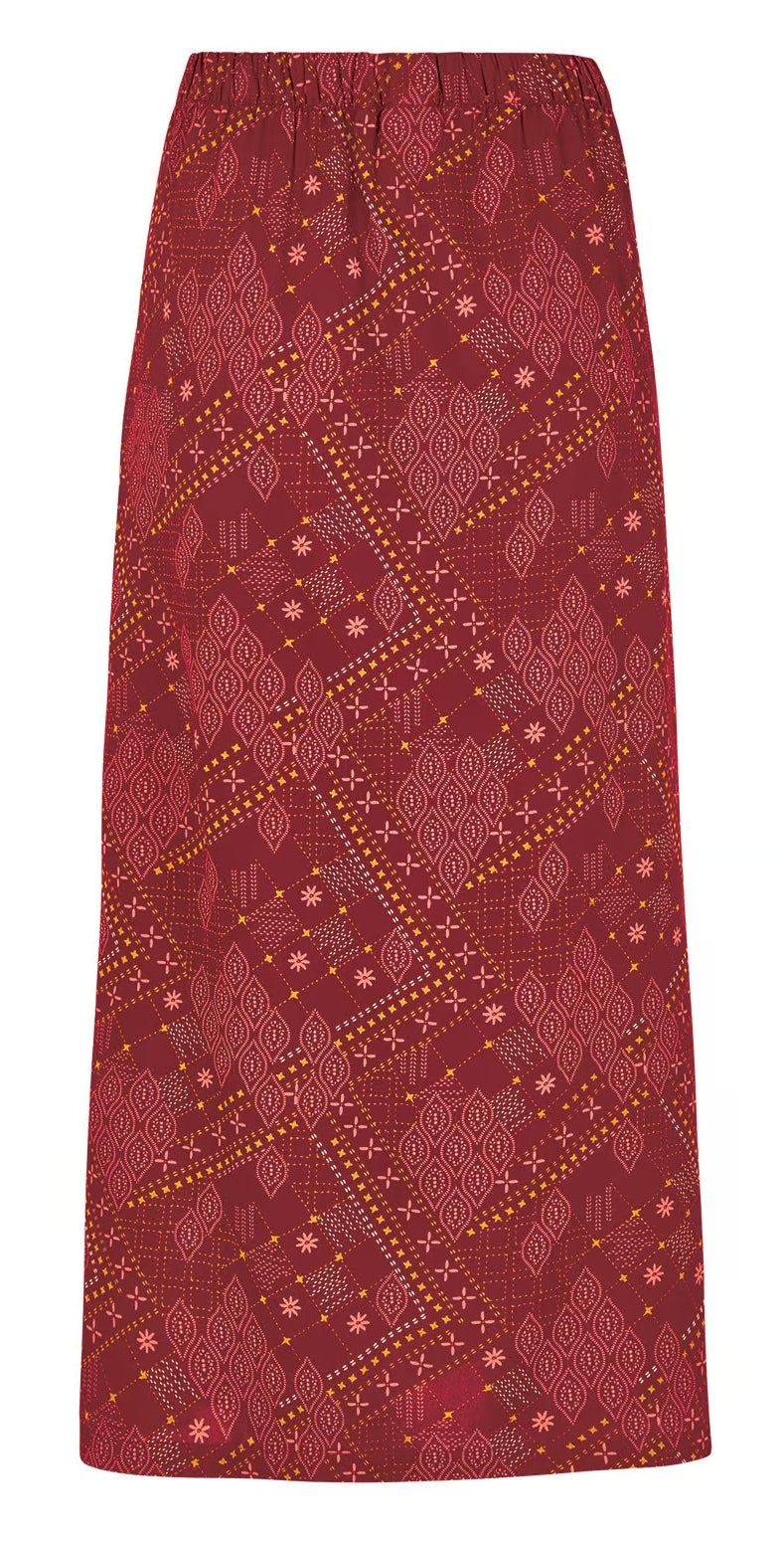 Weird Fish women's Gia midi length skirt in Chilli Red with Moroccan print.