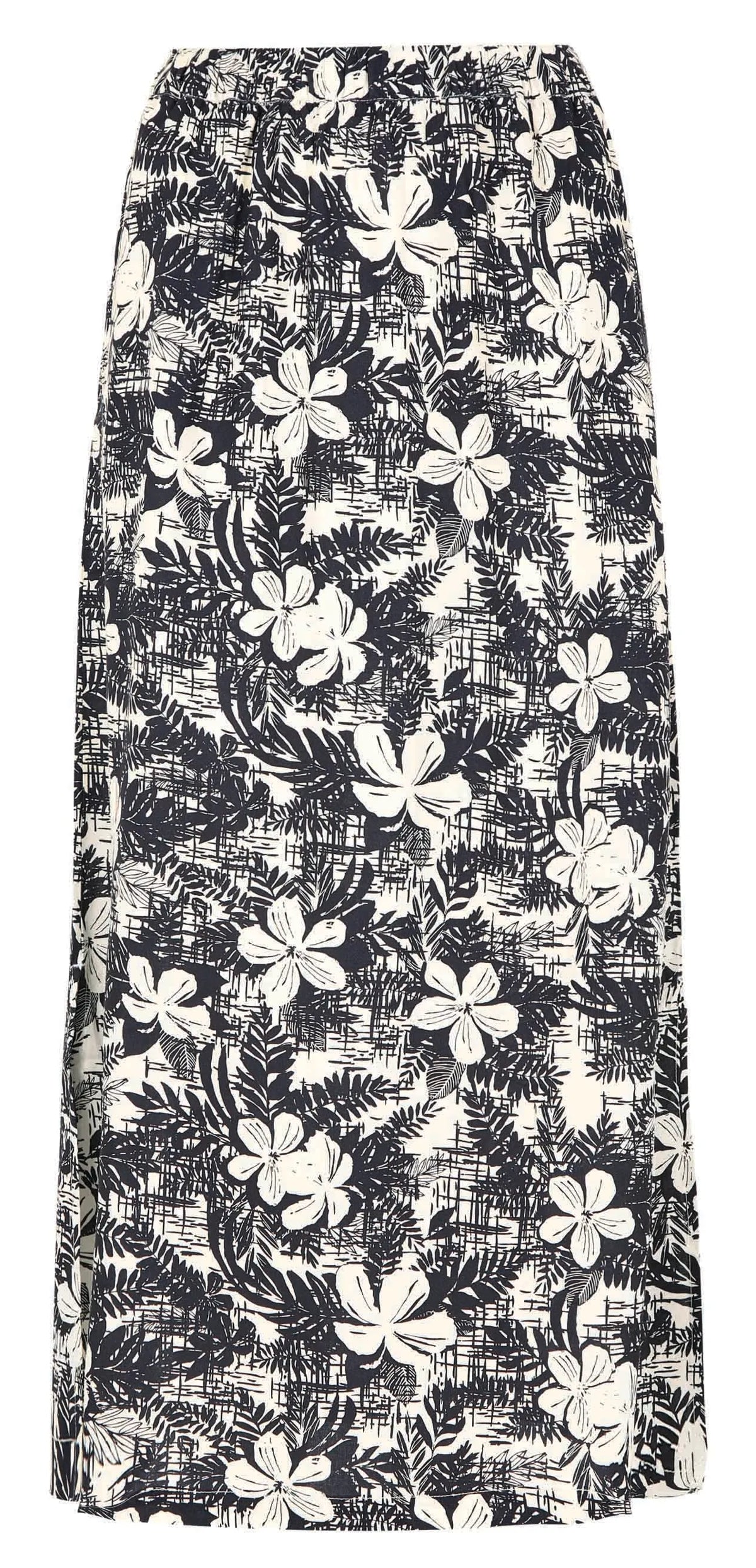 Floral printed Gia midi skirt from Weird Fish in Dark Denim Blue and White with side split.