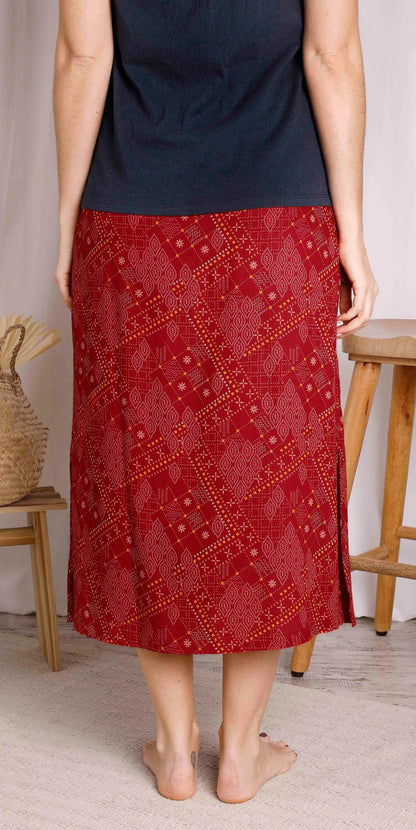 Women's Gia midi viscose skirt from Weird Fish in Chilli Red with a Moroccan style pattern.