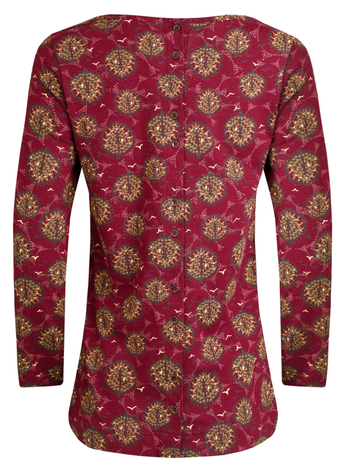 Weird Fish women's Tupelo long sleeve tee in Mulled Wine with abstract floral pattern and buttons down the back.