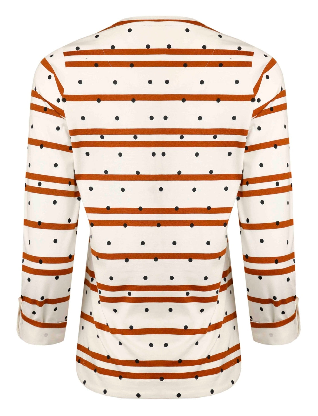 The Billie long sleeve t-shirt from Weird Fish in light cream with a stripe and dot pattern, made from a 100% organic cotton fabric with a crew neckline and roll up sleeves.