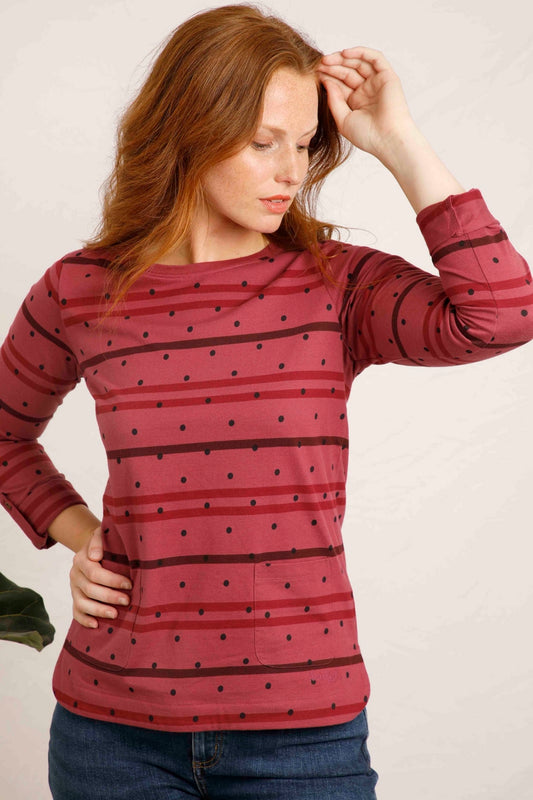A long sleeve women's Billie tee from Weird Fish in Crushed Berry with a stripe and dotty pattern, with a crew neckline and roll up sleeves.