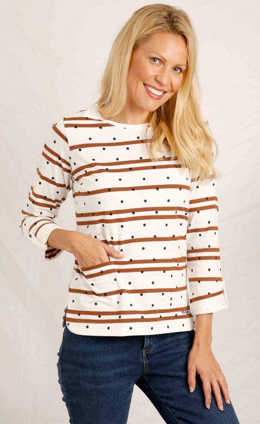 A women's long sleeve Billie tee from Weird Fish in light cream with a stripe and dot pattern.