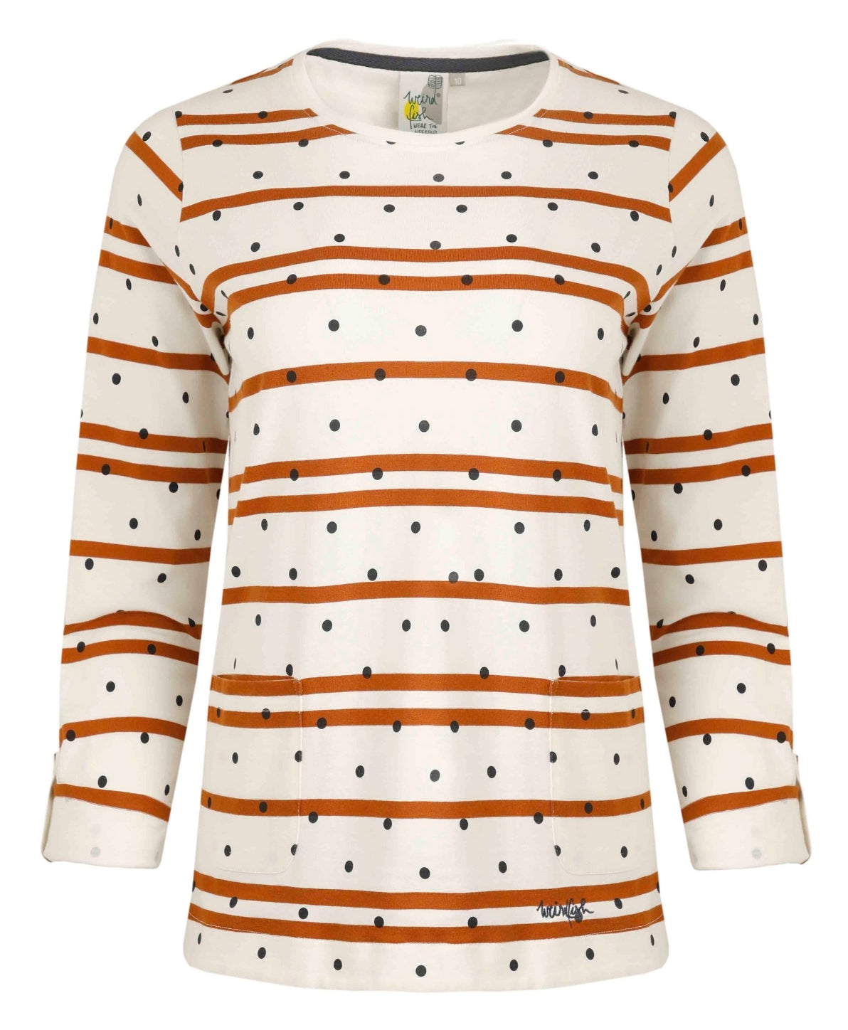The women's Billie long sleeve tee from Weird Fish in light cream with a stripe and dot pattern.